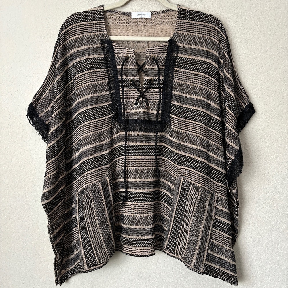 Sita Murt Boho Beachy Fringe Trim Poncho Top